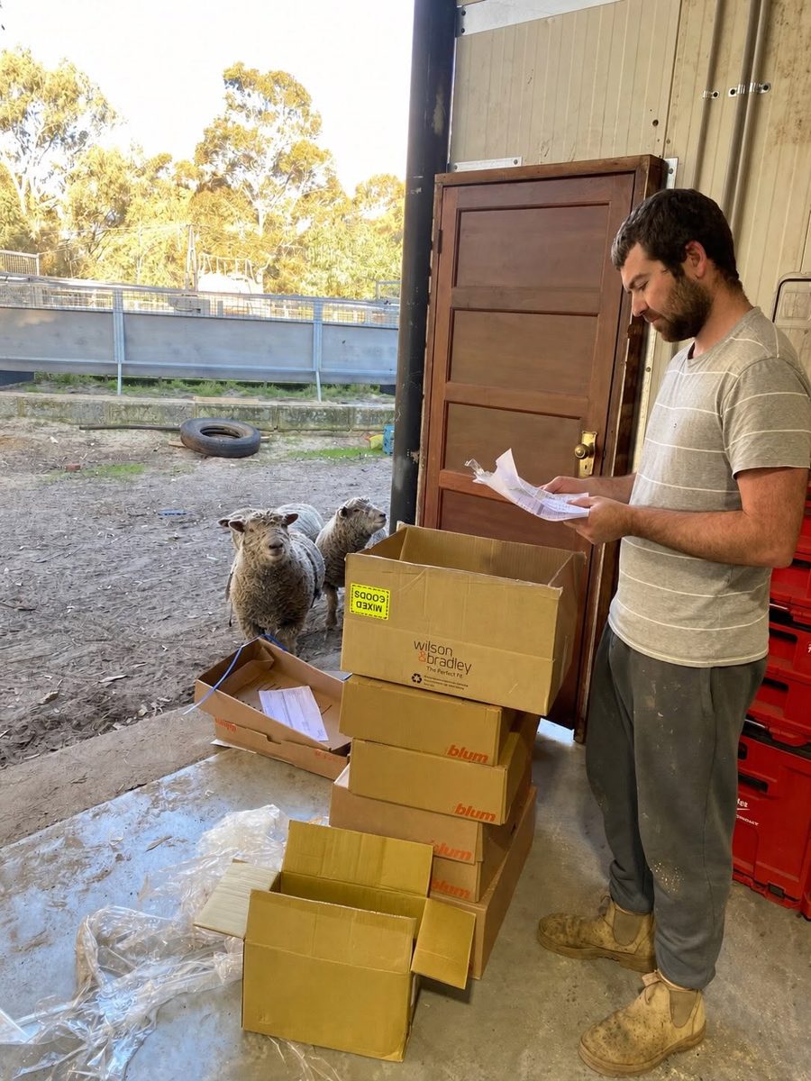 Justin Plumb checking a delivery of hardware at the workshop door, with two sheep watching from outside
